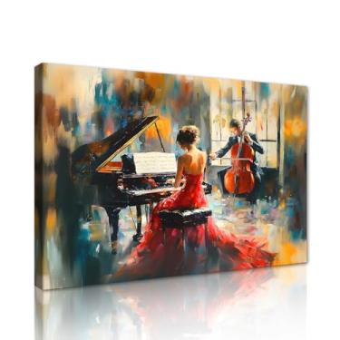 Imagem de Arte de parede em tela dupla romântica performance musical piano e violoncelo pôsteres coloridos arte impressa para amantes de música e estúdio de arte quarto decoração de sala de estar 30,5 x 40,6 cm