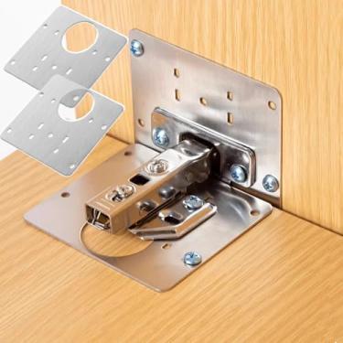 Imagem de Kit de placa de reparo de dobradiça de armário com 2 conjuntos - placa de aço inoxidável, placa de reparo de dobradiça grande com parafusos de montagem para armário de cozinha, portas de armário e