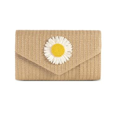 Imagem de Nefokfdus Bolsa clutch de palha para mulheres, margarida, noite, verão, praia, ombro, bolsa tiracolo para viagens e férias, Damasco, 10.63" x 6.89" x 1.57" inches (27x17.5x4 cm)