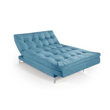 Imagem de Sofá-Cama Reclinável 3 Lugares com Pés de Alumínio Revestimento Macio em Veludo Azul Turquesa Casa Imperial