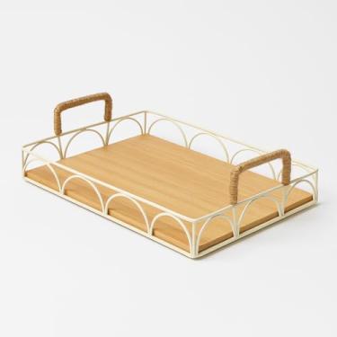 Imagem de Bandeja Decorativa de Bambu com Alças em Corda e Estrutura de Metal – Ideal para Mesa, Café da Manhã, Servir, Centro de Mesa e Decoração (Retangular Branco)