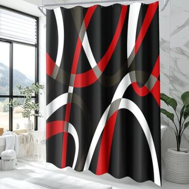 Imagem de weesire Cortina de chuveiro vermelha e preta para tecido de banheiro, moderno, abstrato, listrado, minimalista, conjunto de cortinas de banho à prova d'água, 182 x 182 cm