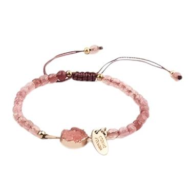Imagem de Pulseira Feminina Boho Chic Ajustável Com Pedras Naturais Estilo Artesanal Leve Elegante 4 Mm 24 Cm (Rosa)