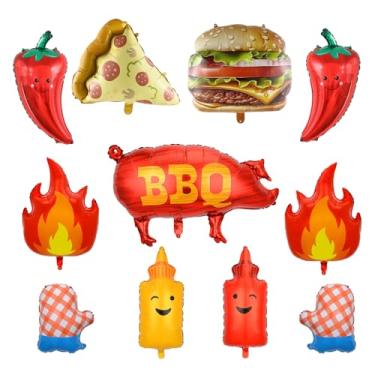 Imagem de 11PCS BBQ Foil Balloons Set: Smoked Pig, Pizza, Hamburger, Chili Peppers, Flames, Grill Gloves, Ketchup & Mustard - Summer Cookout Party Decor, Mexican Fiesta, Baby Shower Supplies