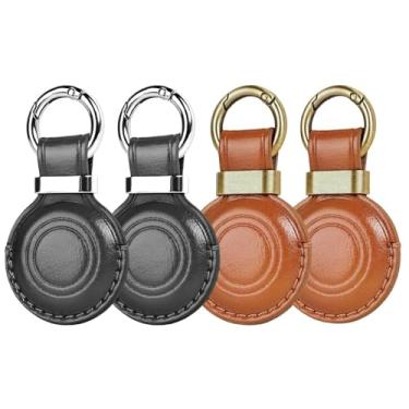 Imagem de MOLOVA Pacote com 4 chaveiros de couro para AirTag, design compacto com capa para AirTag, capa segura para Apple para AirTags, com anel de aço inoxidável, acessórios para chaves de carro, preto/preto