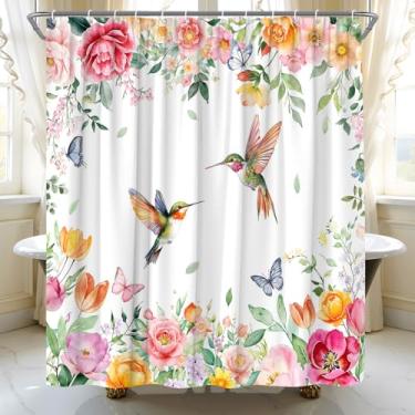 Imagem de ASVEAS Cortina de chuveiro floral beija-flor aquarela flor primavera pássaro planta borboleta tecido para decoração de banheiro banheira com ganchos (177.8 cm WX70 H)