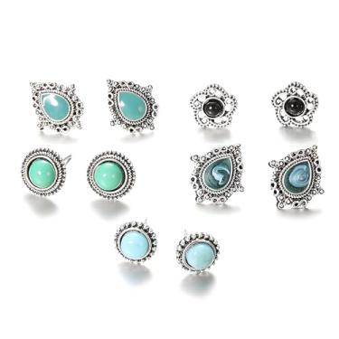 Imagem de RLHRNDE Conjunto de brincos de turquesa para mulheres, requintados, boêmios, pequenos, geométricos, quadrados, ovais, redondos, brincos de flor feitos à mão, pedras preciosas, turquesa, presentes