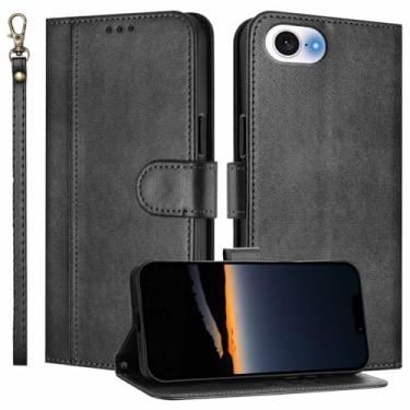 Imagem de JanCalm Capa carteira para iPhone 16e, compartimentos para dinheiro, alça de pulso, fecho magnético, proteção de couro PU, capa de design minimalista, capas flip com suporte para iPhone 16e (preto)