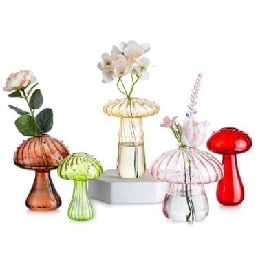 Imagem de Glasseam Vasos de flor de cogumelo: conjunto de 5 vasos pequenos de vidro colorido fofo para flores, vasos decorativos estéticos exclusivos para decoração de casa, vaso de plantas hidropônicas interno
