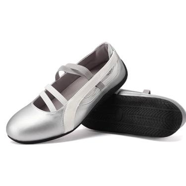 Imagem de Tênis de balé feminino Mary Jane Tênis casual com elástico para trabalho diário confortável, Prata, 34