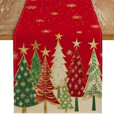 Imagem de Caminho de mesa de Natal 33 x 182 cm, árvores de Natal, flocos de neve, férias de inverno, decorações de mesa decorativas de casa de fazenda para jantar, decoração de festa de jantar interna e externa