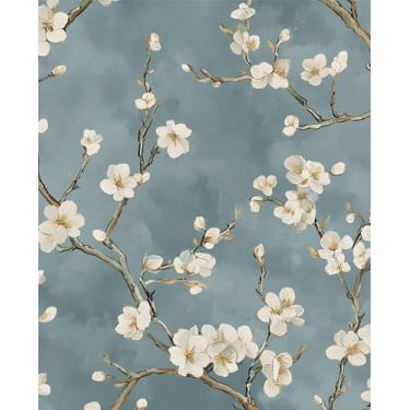 Imagem de Papel de parede floral azul descasque e cole vintage flores brancas papel de contato vinil autoadesivo removível retro flor de cerejeira mural de parede papel de parede para paredes de quarto