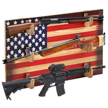 Imagem de Colingmill Rack de montagem na parede Rack interno para armas de madeira prateleira de armazenamento com fundo de bandeira suporte de parede patriótico decoração para arcos e flechas (bandeira, 81,5 x