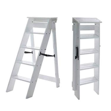 Imagem de Banqueta de madeira, banquetas dobráveis de 5 degraus para uso doméstico, portátil, escadas, cadeiras multiuso, para jardim doméstico ou biblioteca/cor de madeira (cor de madeira) (cor branca)