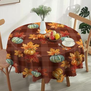 Imagem de NKHOW Toalha de mesa redonda de 152 cm – Toalha de mesa de abóbora – Toalhas de mesa de poliéster xadrez pretas – Capas de mesa resistentes a rugas para o dia de Ação de Graças