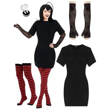 Imagem de Suhine 4 peças de fantasia de vampiro de Halloween para mulheres com meia-calça listrada preta e vermelha vestido preto luva de vampiro (GG)