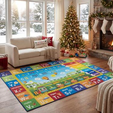 Imagem de Unirea 3x5 Kids Rug for Playroom Bedroom Living Room, Washable Educational Play Mat with ABC Alphabet, Numbers, Animals for Classroom, Nursery, Colorful Learning Carpet for Toddlers, Rainbow