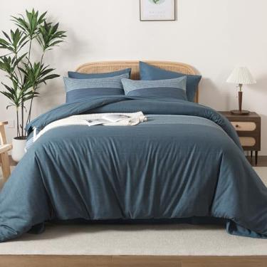 Imagem de Andency Conjunto de edredom casal azul neblina – 7 peças, listrado, leve, em uma bolsa, microfibra macia reversível, jogo de cama com edredom, lençol de cima, fronhas e fronhas