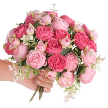 Imagem de Floweroyal 2 cachos de flores artificiais de peônia rosa buquês de peônias de seda para mesa de festa de casamento arranjos florais decoração de cozinha