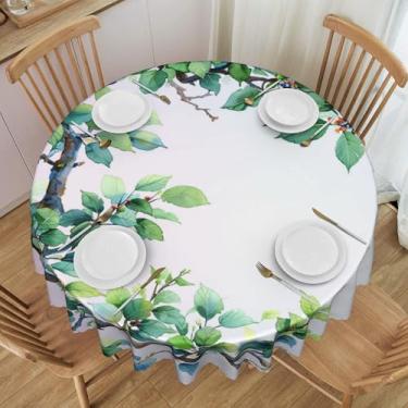Imagem de Toalha de mesa redonda com planta verde, impermeável, lavável, 152 cm, capa de mesa circular, protetor de mesa amassável, para jantar, cozinha, festa, pátio, ambientes internos e externos, decorativa