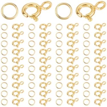 Imagem de Beebeecraft 1 caixa, 50 peças, fecho de anel de mola, banhado a ouro 18 K, pequeno colar, pulseira, fecho de mola, conector de fecho de lagosta com anéis de salto abertos para descobertas de