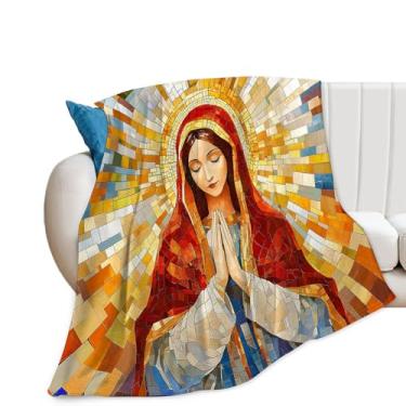 Imagem de Cobertor de Virgem Maria para mulheres, presentes católicos, cobertor de lã para meninos e meninas, material cristão de flanela macia aconchegante para cama sofá 127 cm x 101 cm