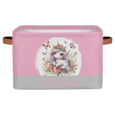 Imagem de Cestas de armazenamento pequenas, unicórnio rosa, adorável com alças, caixas de armazenamento de brinquedos infantis, organizador de cubo de tecido dobrável para berçário, sala de estar, quarto