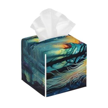 Imagem de Caixa de lenços de couro quadrada à prova d'água animal água-viva floresta psicodélica organizador de papel facial com cinto inferior cubo estojo de tecido para mesa banheiro escritório mesa carro