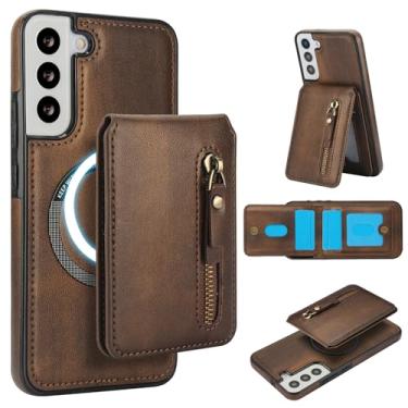 Imagem de Carteira destacável compatível com carregamento sem fio Magsafe para Samsung Galaxy S21 FE capa com suporte para cartão, bolso com zíper, suporte 2 em 1 à prova de choque (marrom)
