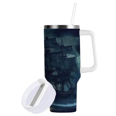 Imagem de ATTX Copo de navio pirata de 850 g com alça - Caneca de viagem de aço inoxidável isolada a vácuo, xícara de café à prova de vazamento com canudo #888