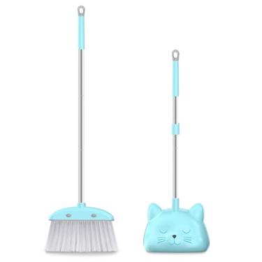 Imagem de Conjunto de mini vassoura com pá de lixo para crianças, 71 cm, conjunto de vassoura e pá de lixo para crianças, em forma de gato, conjunto de limpeza e vassoura para meninos e meninas, azul