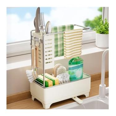 Imagem de HGTRH Rack de secagem de cozinha, organizador de pia com bandeja autodrenagem para suporte de esponja, toalheiro, suporte de pano de cozinha, acessórios de pia de banheiro branco
