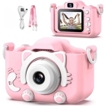 Imagem de Câmera Digital Infantil Kids Rosa Gatinho HD Portátil Tela LCD Recarregável Brinquedo Educativo Antichoque Fotográfico Vídeo com Cabo USB Alça de Segurança