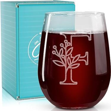 Imagem de On The Rox Drinks Presentes com monograma para mulheres e homens - Letra A-Z com monograma gravado com inicial taça de vinho sem haste - Presentes de vinho personalizados de 500 ml para mulheres e