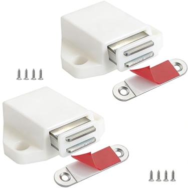 Imagem de Pequenas ferragens magnéticas de empurrar para abrir o armário CBRIVE pacote com 2 travas de empurrar para porta escondida gaveta puxar touch lock ponta no armário RV fechar forte pop out, branco