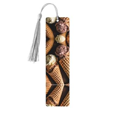 Imagem de Sorvete – Conjunto de 5 peças de marcadores de livro de madeira com borlas, madeira natural para livros e diários, presente para amantes de livros.