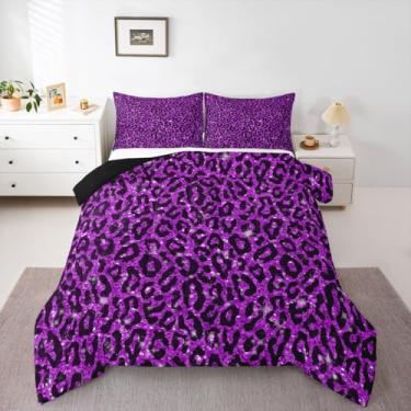 Imagem de jejeloiu Conjunto de cama de leopardo, macio, para meninos e meninas, com glitter, edredom de guepardo, microfibra, pele de vaca, decoração de quarto, 2 peças com 1 fronha