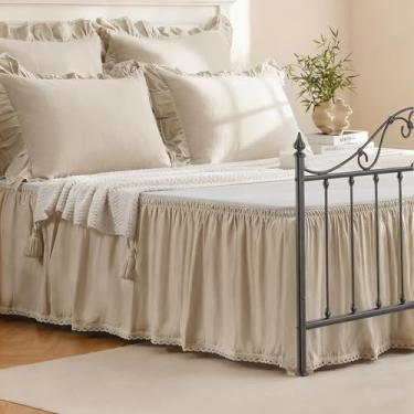 Imagem de Vlocemon Saia de cama com babados de renda com borda de crochê, bege leve de algodão com cantos divididos, tamanho king de 45,7 cm com alça elástica, ajuste fácil