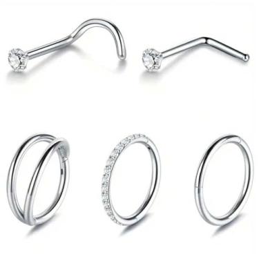 Imagem de Niaspi 5 peças anel de nariz de strass 20G minimalista aço inoxidável CZ tachas planas argola nariz cartilagem tachas tragus conch helix piercing de narina joias para mulheres homens (prata)