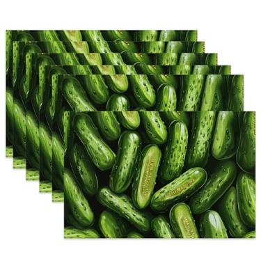 Imagem de Conjunto de 6 jogos americanos de mesa de pano de pepino verde, tapetes de mesa resistentes ao calor com tema de comida vegetal para decoração de cozinha e sala de jantar, tapetes de tecido
