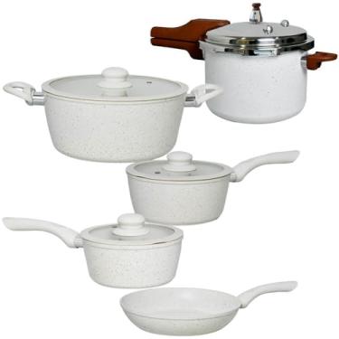 Imagem de Jogo de Panelas e Panela de Pressão Antiaderente Indução Revestimento Cerâmica Viena Areia 5 Peças - Rio Home Vista Home