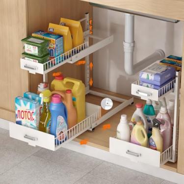 Imagem de LIAISIMI Organizador sob a pia, organizadores deslizantes de armário de cozinha de 2 camadas com polia, organizador de puxar sob a pia do banheiro com vários ajustes de altura para armários de cozinha