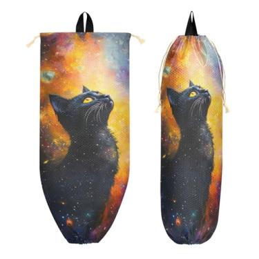 Imagem de xigua Suporte de parede para saco plástico gato preto no espaço com cordão 1 pacote, organizador de sacolas de supermercado reutilizável para bolsas, meias, roupas íntimas e gravatas