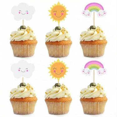 Imagem de Conjunto de 36 peças de topos de cupcake com nuvem de arco-íris e sol, enfeites de bolo de arco-íris e nuvem, escolhas divertidas de cupcake para aniversários, chás de bebê e decorações de festa