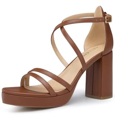 Imagem de CELLENZ Salto plataforma feminino com tiras: sandálias de salto grosso de 8,3 cm, salto alto sexy confortável, para festa de formatura, casamento, preto, branco, prata, nude, sapatos elegantes, Marrom