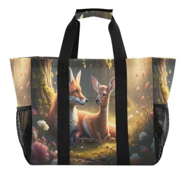 Imagem de Kigai Sacolas de mercearia reutilizáveis, raposa e veado, grande, sacola de compras resistente à água, bolsa de piscina dobrável para roupas, sapatos e piqueniques