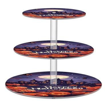 Imagem de CEBUGI Suporte de cupcake de 3 camadas, fundo de Halloween, suporte redondo para bolo, torre, bandeja de servir em camadas de acrílico para chá, chá de bebê, casamento e mais