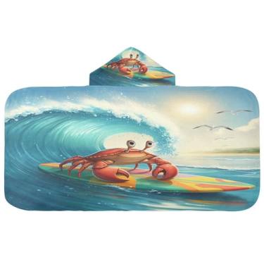 Imagem de Burbuja Toalha de banho com capuz Crab on A Surf Board para crianças, toalha de praia de pelúcia macia absorvente para meninas e meninos 3-10 anos, 61 x 127 cm