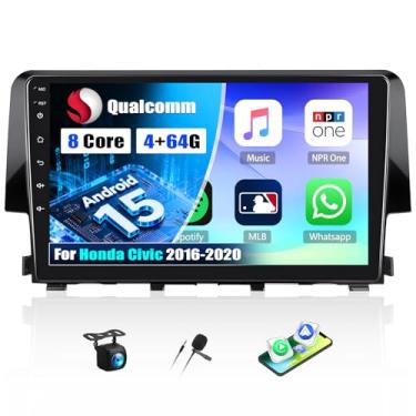 Imagem de Rádio estéreo de 8 núcleos para carro Android 15 para Honda Civic 2016 2017 2018 2019 2020 com Carplay sem fio Android Auto, unidade de cabeça IPS Touchscreen de 9 polegadas Bluetooth 5.1 DSP WiFi GPS