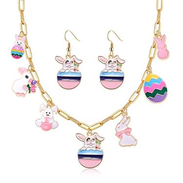 Imagem de HSWE Conjunto de brincos de colar de páscoa esmaltado coelhinho fofo colorido ovo coelho animal pingente colar e brincos pendentes para mulheres meninas primavera Páscoa feriado conjunto de joias presentes, Metal, Liga metálica.